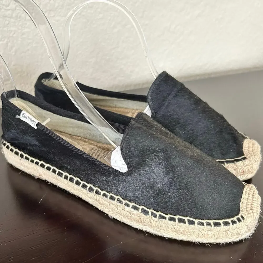 Soludos Black Calf Hair Espadrille Flats Size 8 Slip On Jute Casual Summer Shoe